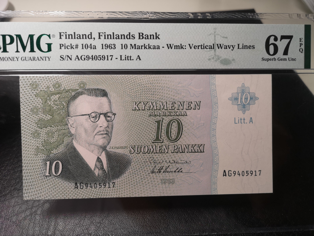 《外钞收藏家》第八十六期拍卖 国庆节专场 芬兰1963年10马克 pmg67  老钞难得高分