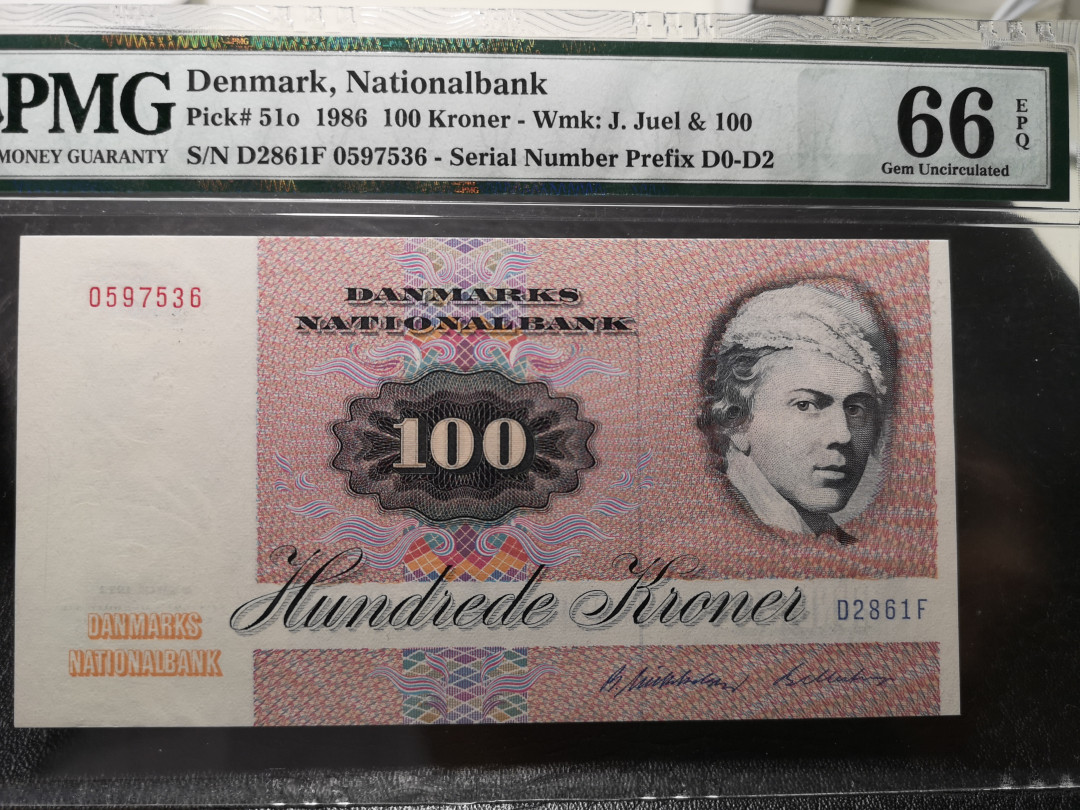 《外钞收藏家》第八十六期拍卖 国庆节专场 丹麦1986年100克朗 pmg66 精美蛾子钞