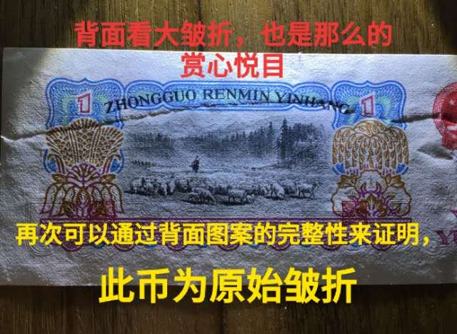 三版一元大错币，大皱折，几乎从头折到尾，下面还有一道小皱折