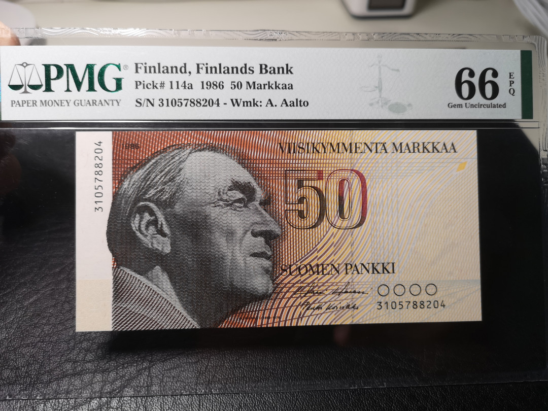 《外钞收藏家》第八十六期拍卖 国庆节专场 芬兰1986年50马克 初版 pmg66
