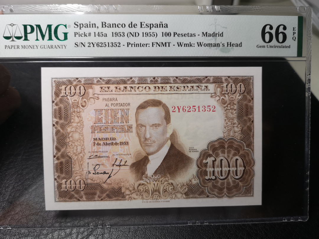 《外钞收藏家》第八十六期拍卖 国庆节专场 西班牙1953年100比塞塔 大方块 pmg66