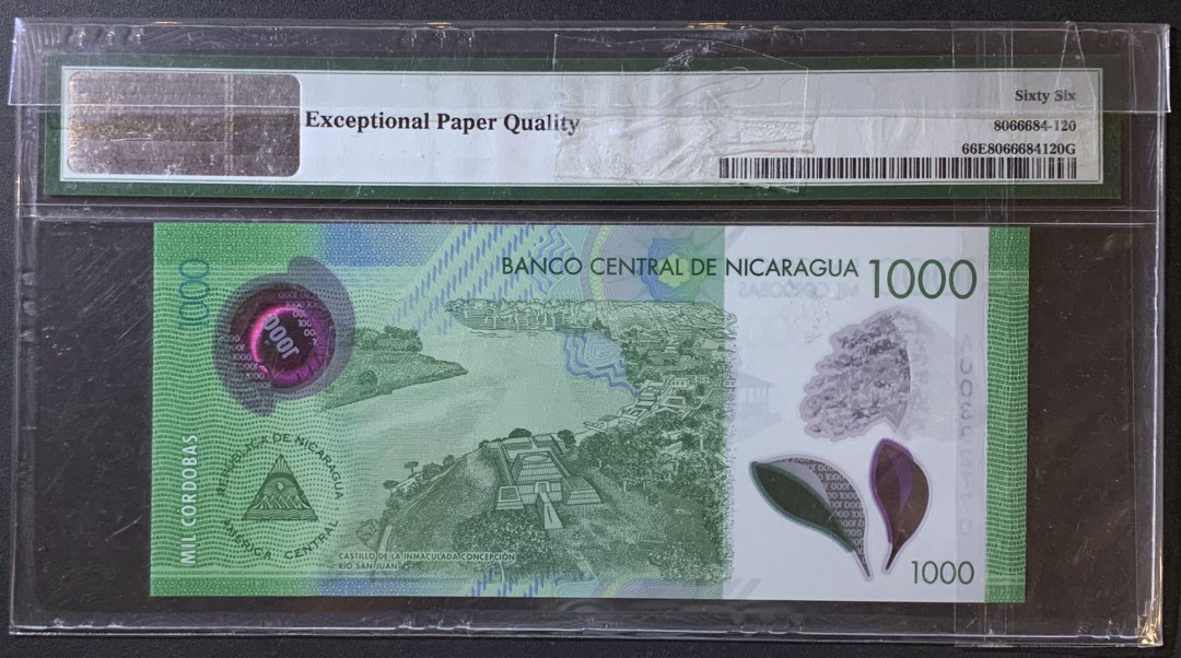 紫瑗钱币——微拍第114期—纸币场 尼加拉瓜 2017年 1000科多巴 塑料钞 PMG 66 EPQ 