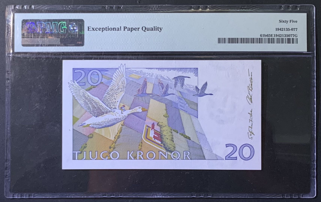 紫瑗钱币——微拍第110期—纸币场 瑞典 1994-1995年 骑鹅旅行记 20克朗 初版 PMG 65 EPQ （P-61b）