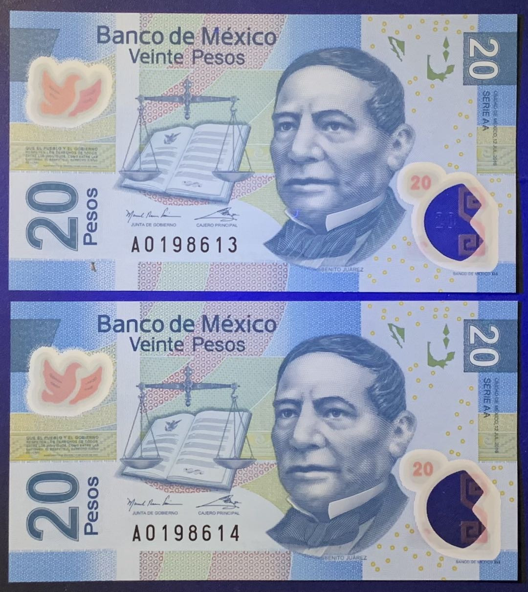 紫瑗钱币——微拍第110期—纸币场 墨西哥 2016年  20比索 塑料币 2枚一组 AA系列A冠 首发 UNC