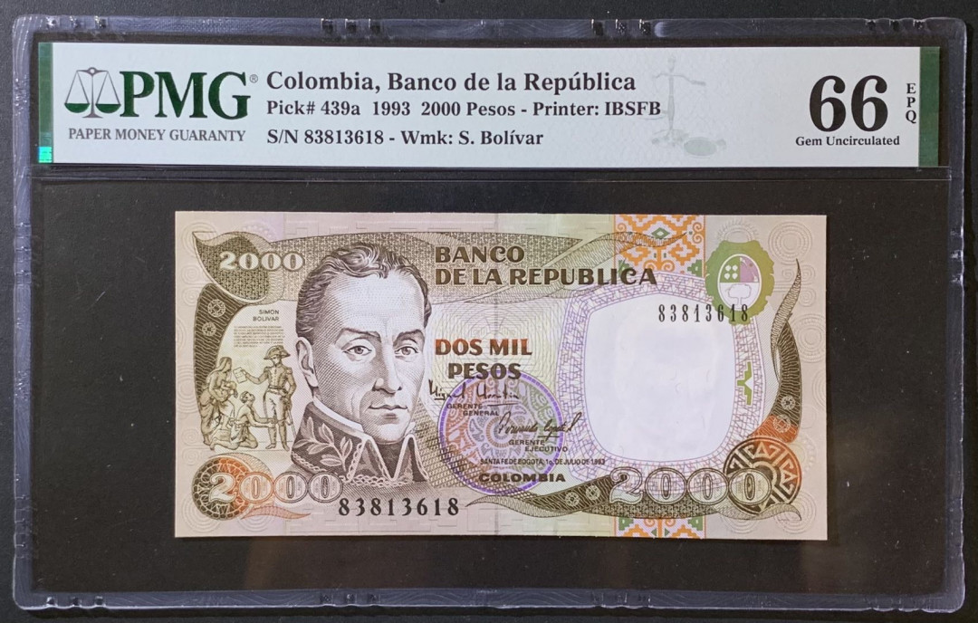 紫瑗钱币——微拍第110期—纸币场 哥伦比亚 1993年 2000比索 PMG 66 EPQ（P-439a)