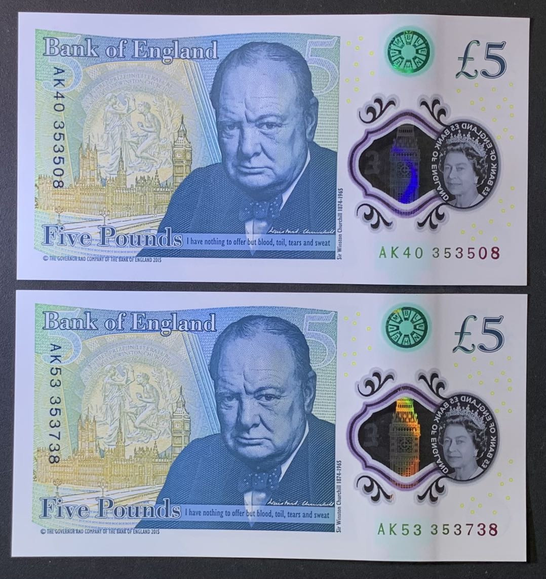 紫瑗钱币——微拍第110期—纸币场 英国 2015年 丘吉尔 5英镑 塑料钞 UNC 2枚一组 