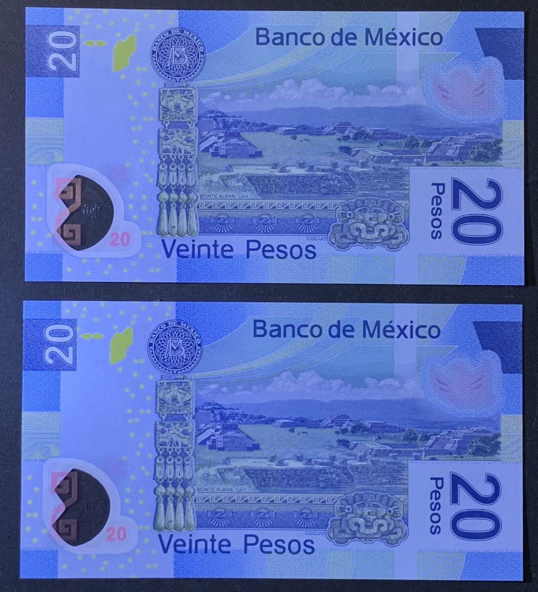 紫瑗钱币——微拍第110期—纸币场 墨西哥 2016年  20比索 塑料币 2枚一组 AA系列A冠 首发 UNC