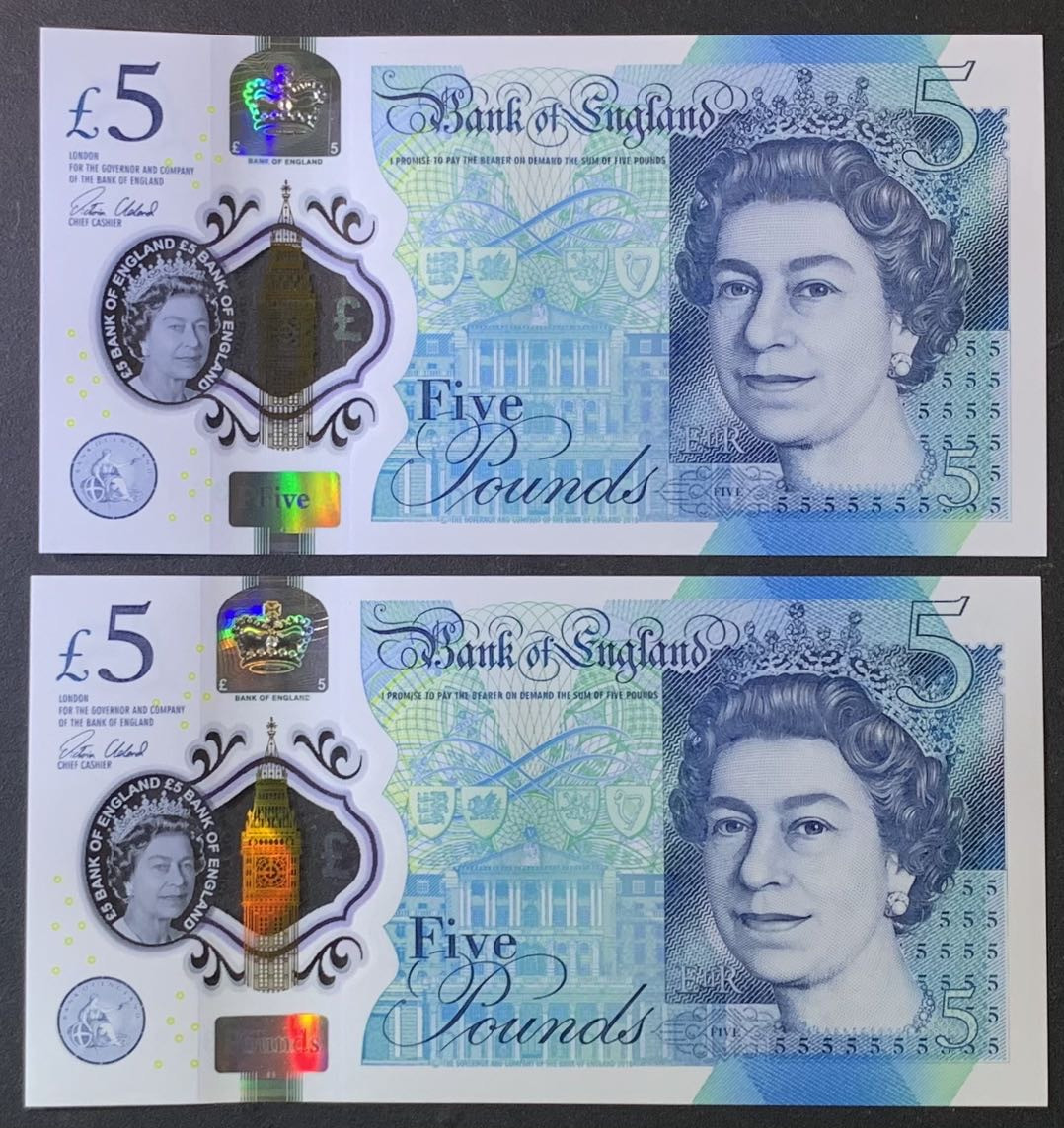 紫瑗钱币——微拍第110期—纸币场 英国 2015年 丘吉尔 5英镑 塑料钞 UNC 2枚一组 