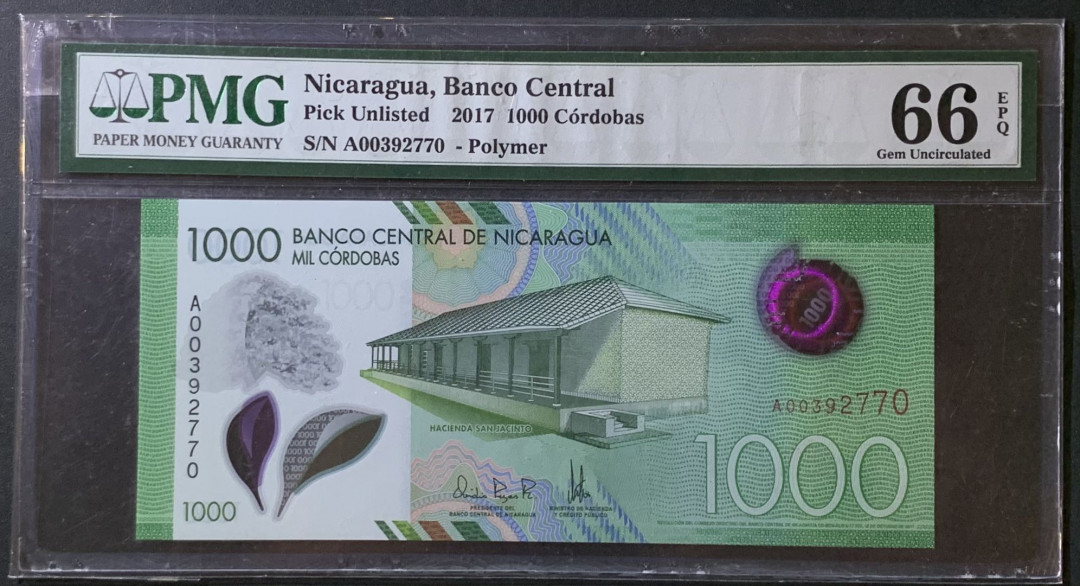 紫瑗钱币——微拍第114期—纸币场 尼加拉瓜 2017年 1000科多巴 塑料钞 PMG 66 EPQ 