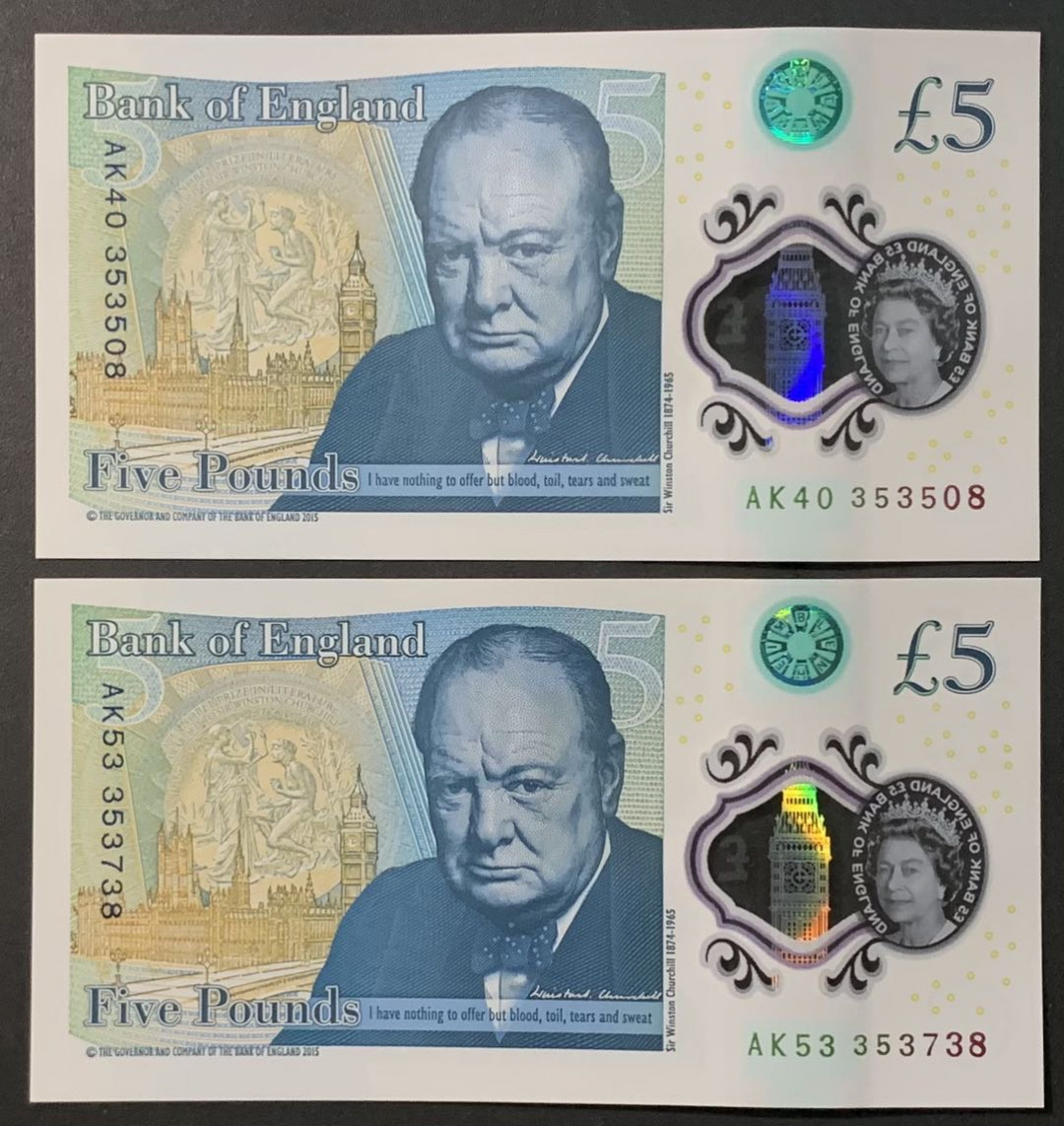 紫瑗钱币——微拍第110期—纸币场 英国 2015年 丘吉尔 5英镑 塑料钞 UNC 2枚一组 