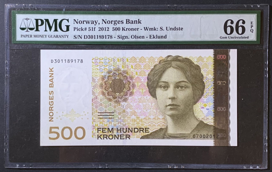 紫瑗钱币——微拍第110期—纸币场 挪威 2012年 温斯特 500克朗 PMG 66 EPQ （P-51f）