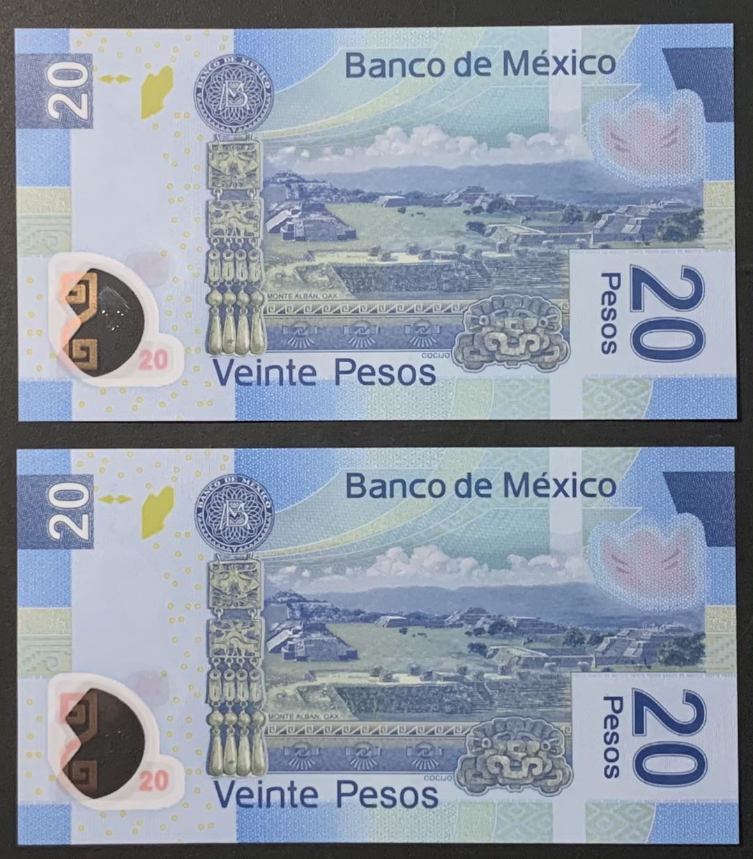 紫瑗钱币——微拍第110期—纸币场 墨西哥 2016年  20比索 塑料币 2枚一组 AA系列A冠 首发 UNC