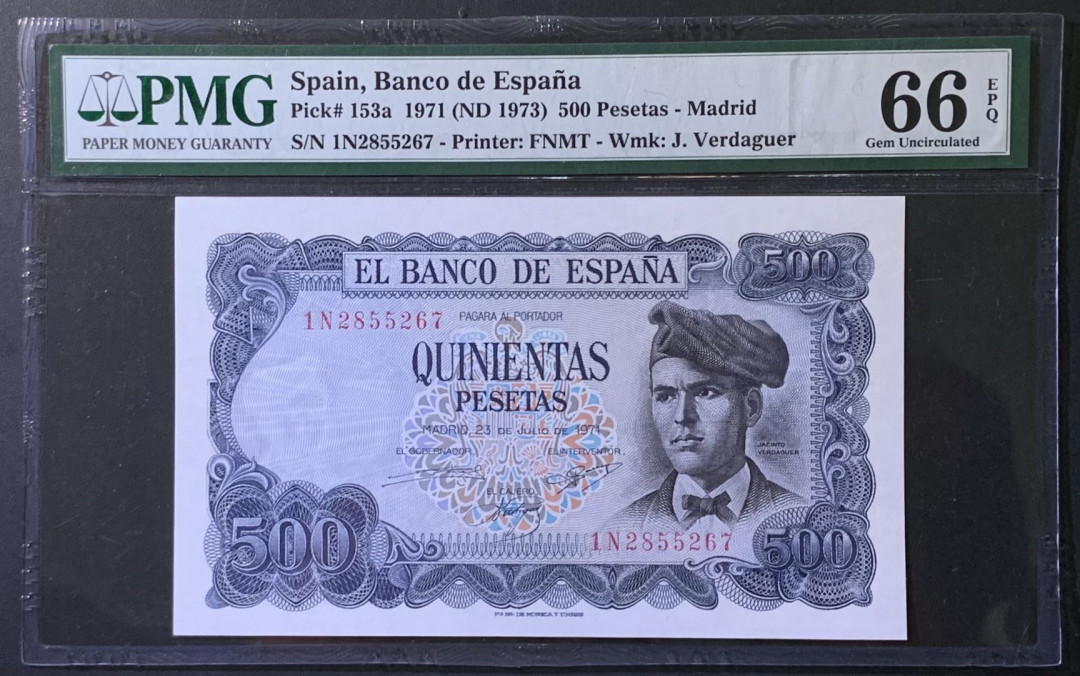 紫瑗钱币——微拍第110期—纸币场 西班牙 1971年 (1973) 维达格尔 500比塞塔 PMG 66 EPQ (P-153a)