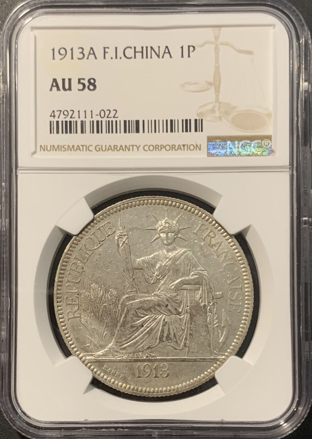 紫瑗钱币——微拍第111期 法属印度支那 1913年 A版 坐洋 1皮阿斯特 贸易银币 NGC AU58