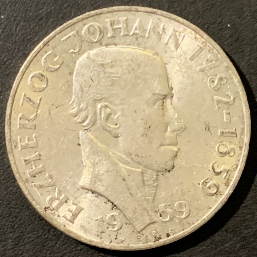 紫瑗钱币——微拍第111期 奥地利 1959年  约翰大公逝世100周年 25先令 13克 0.8银