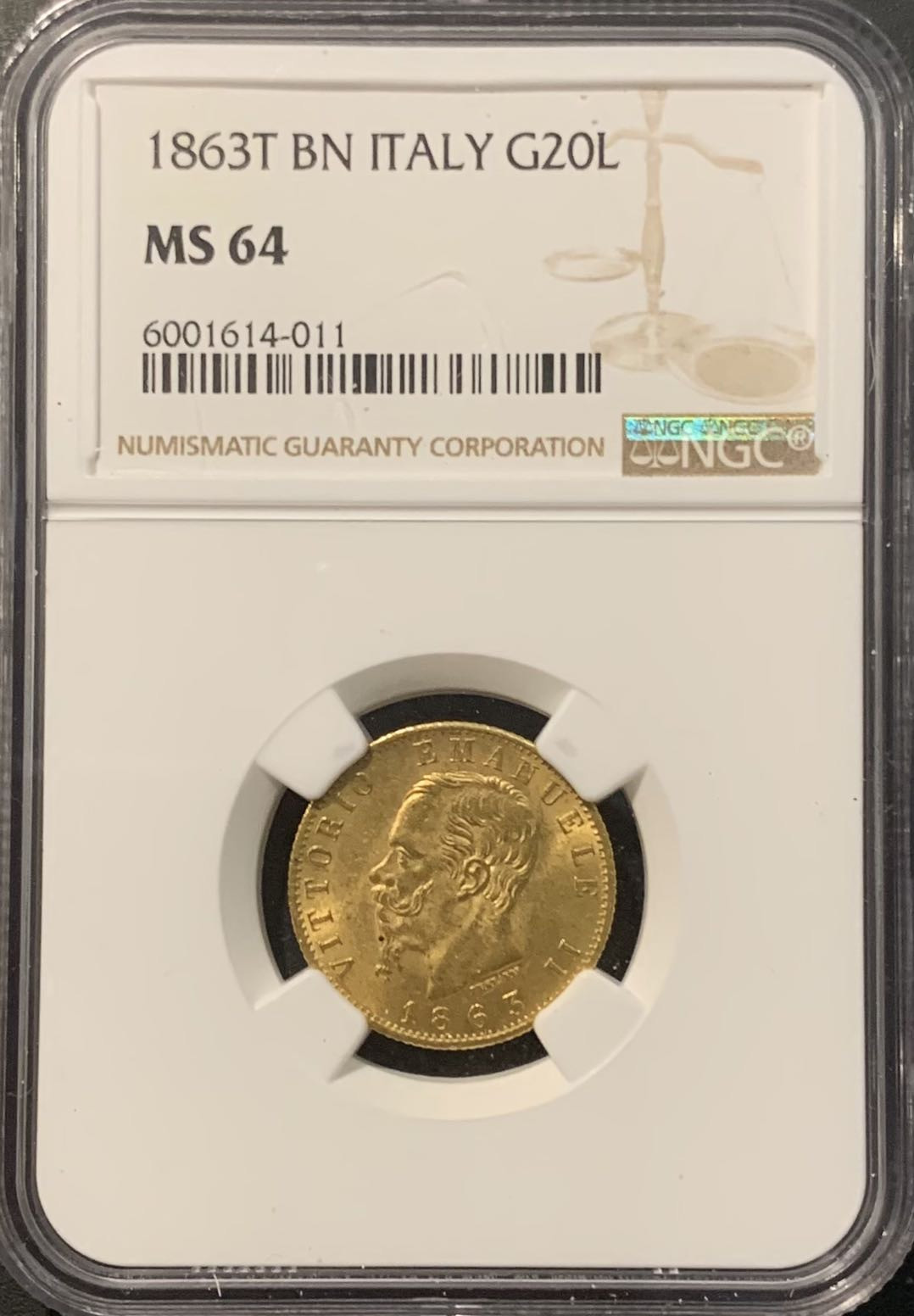 紫瑗钱币——微拍第111期 意大利 1863年 伊曼纽尔二世 20里拉 6.45克 0.9金 NGC MS64