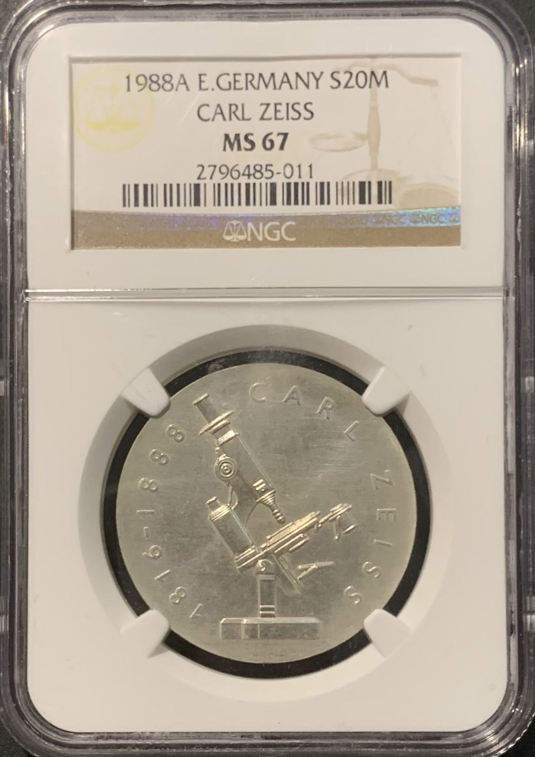 紫瑗钱币——微拍第111期 民主德国 1988年 卡尔蔡司 20马克 银币 NGC MS67