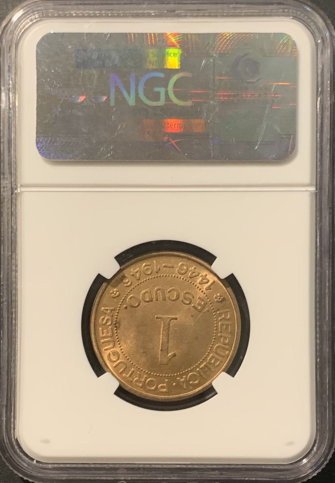 紫瑗钱币——微拍第111期 葡属几内亚 1946年 发现几内亚 1埃斯库多 NGC MS65RB