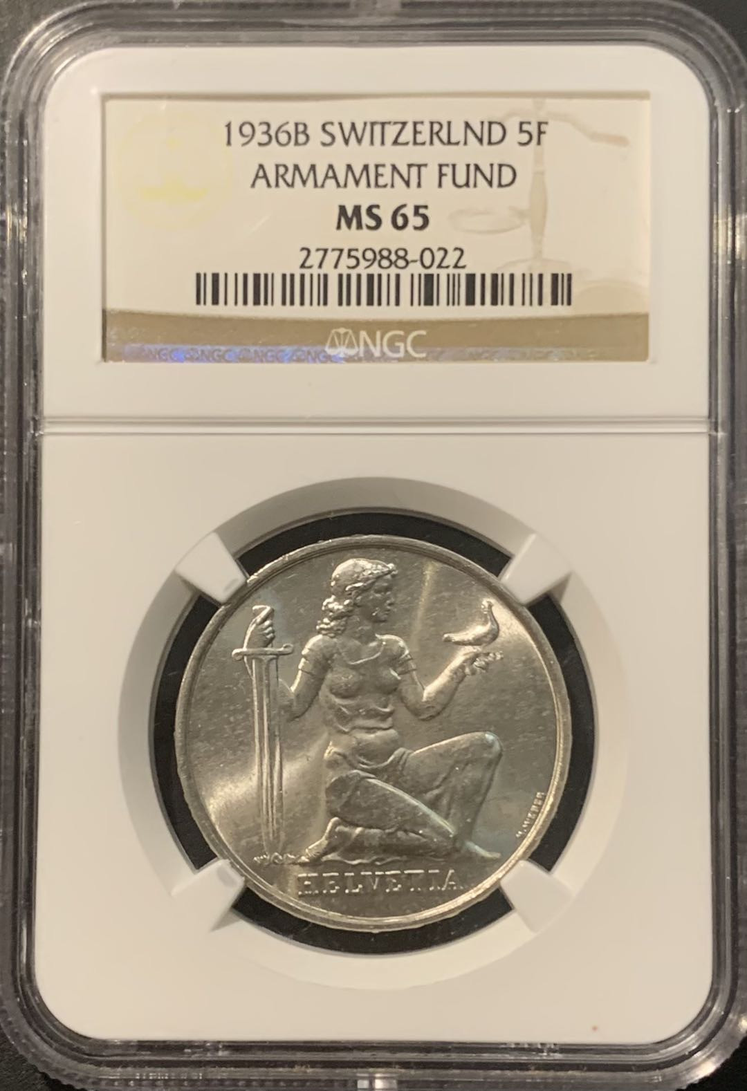 紫瑗钱币——微拍第111期 瑞士 1936年 军备基金 5法郎 银币 NGC MS65