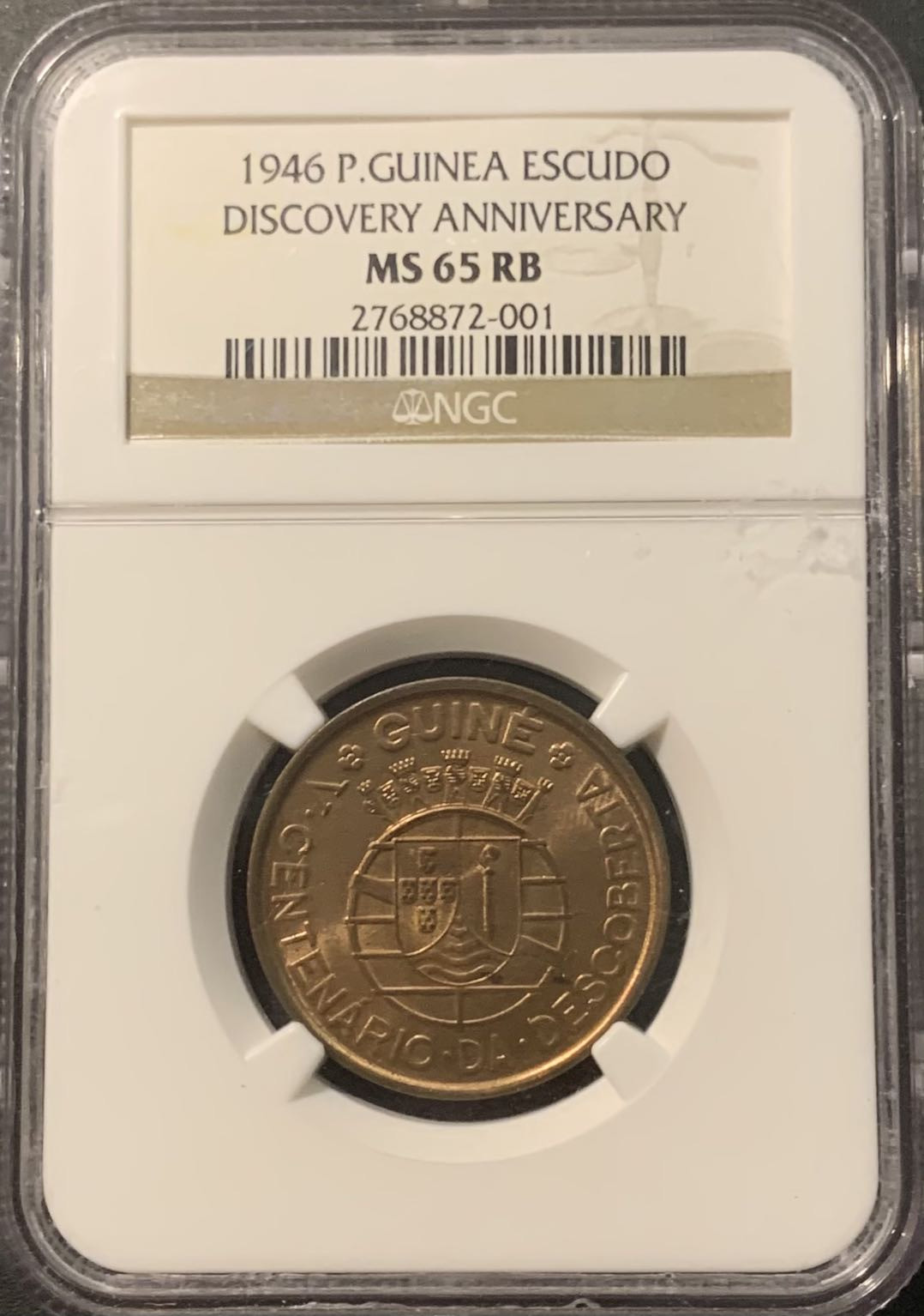 紫瑗钱币——微拍第111期 葡属几内亚 1946年 发现几内亚 1埃斯库多 NGC MS65RB