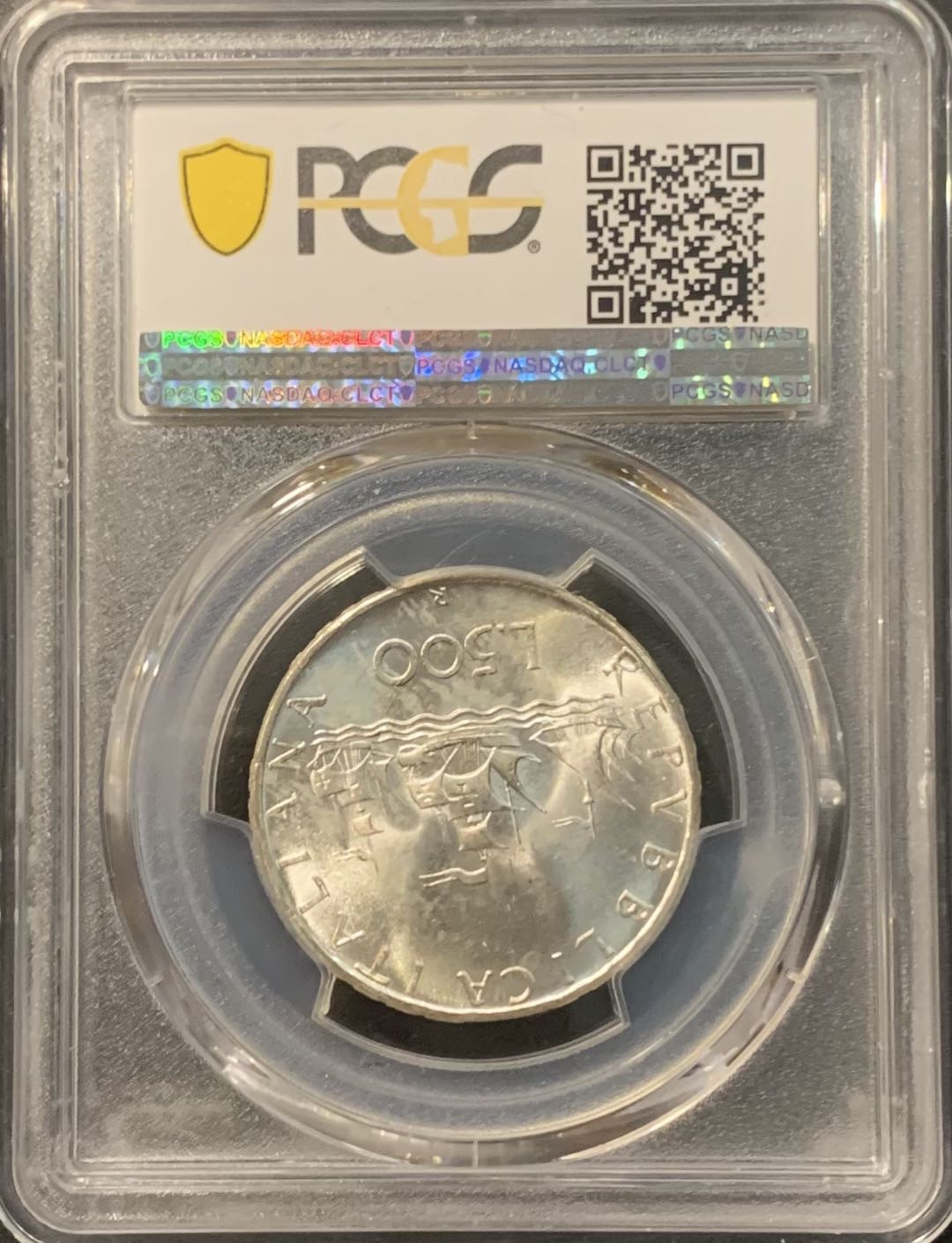 紫瑗钱币——微拍第111期 意大利 1966年 少女与帆船 500里拉 11克 0.835银 PCGS MS65