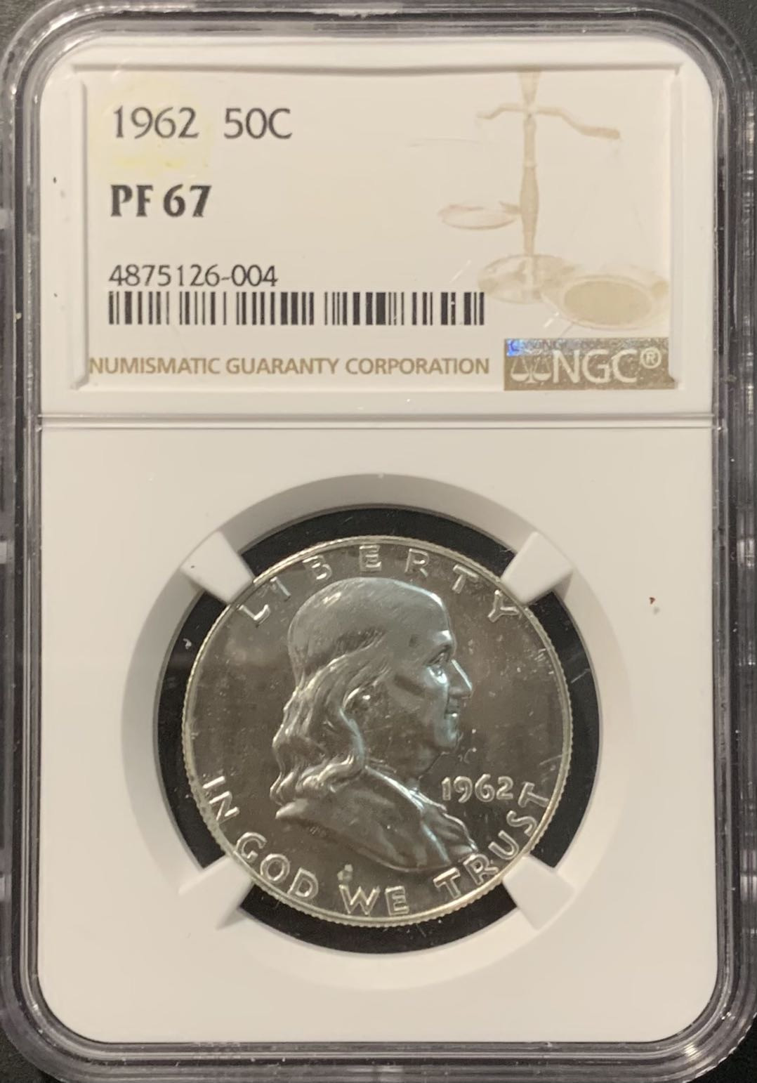 紫瑗钱币——微拍第111期 美国 1962年 富兰克林 50美分 半美元 12.5克 0.9银 NGC PR67 