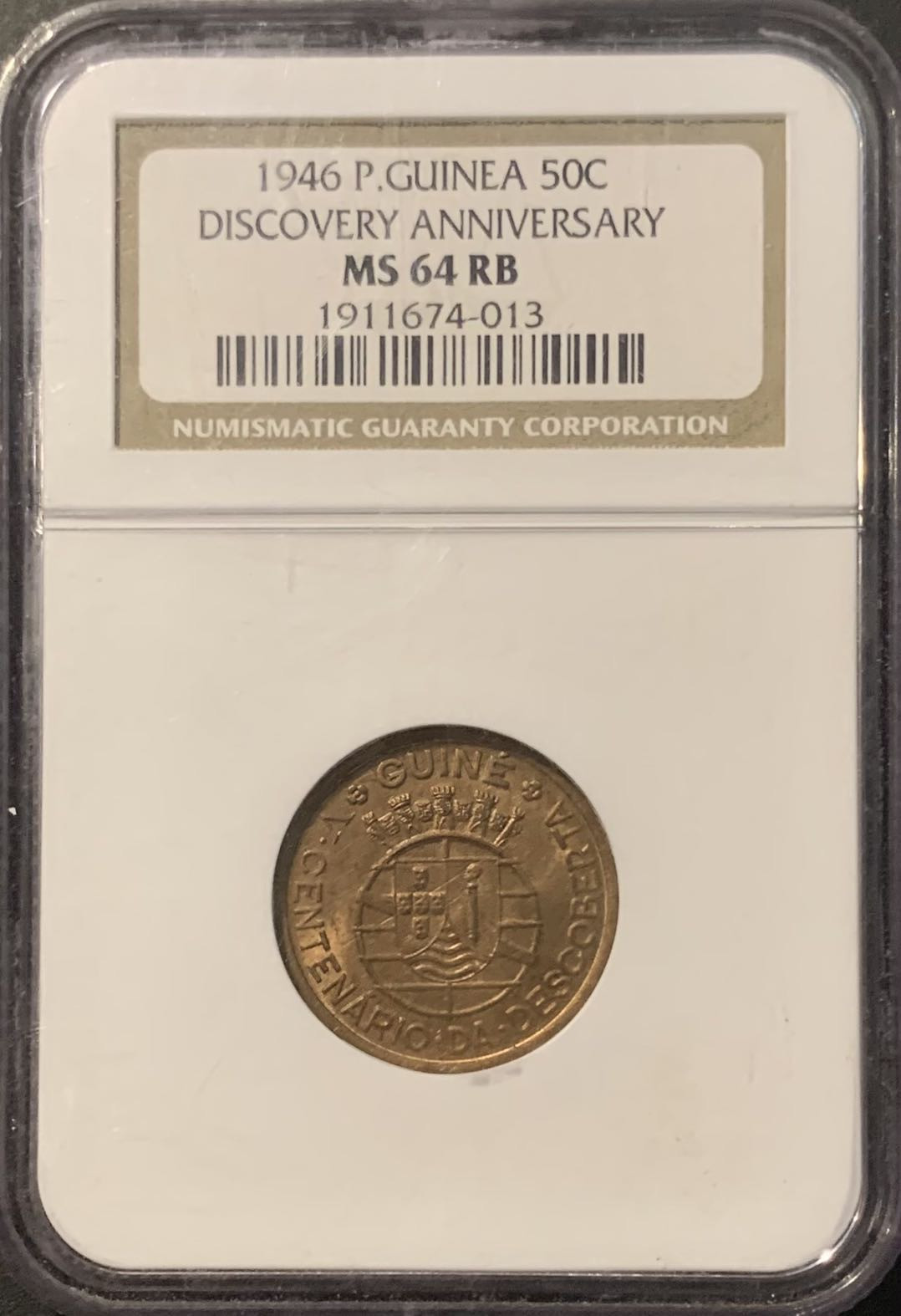 紫瑗钱币——微拍第111期 葡属几内亚 1946年 发现几内亚 50分 NGC MS64RB