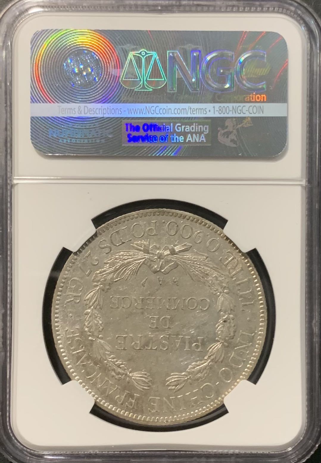 紫瑗钱币——微拍第111期 法属印度支那 1913年 A版 坐洋 1皮阿斯特 贸易银币 NGC AU58