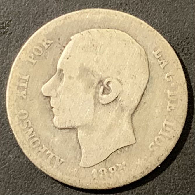 紫瑗钱币——微拍第111期 西班牙 1885年 阿方索十二世 1比塞塔 5克 0.835银