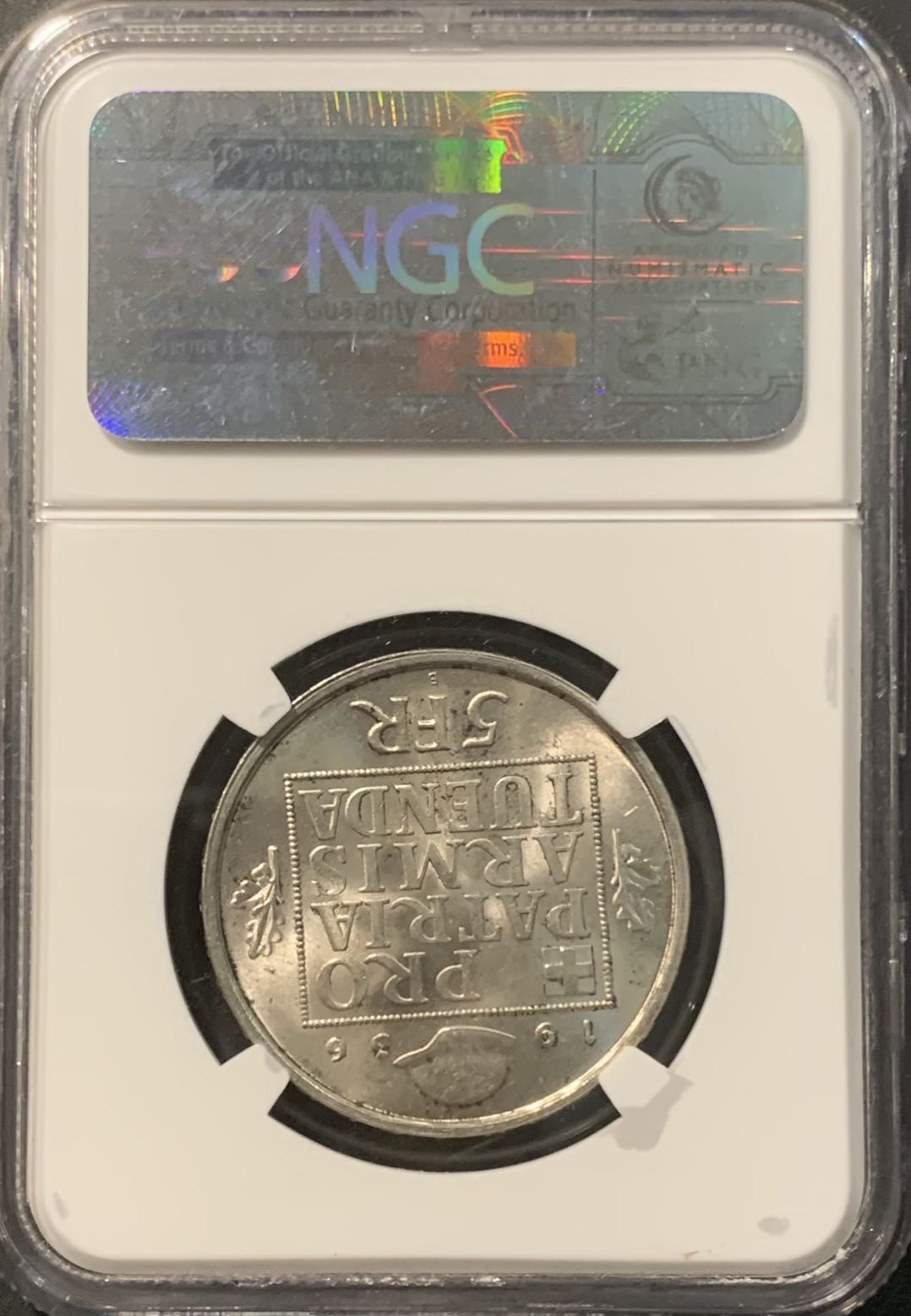 紫瑗钱币——微拍第111期 瑞士 1936年 军备基金 5法郎 银币 NGC MS65