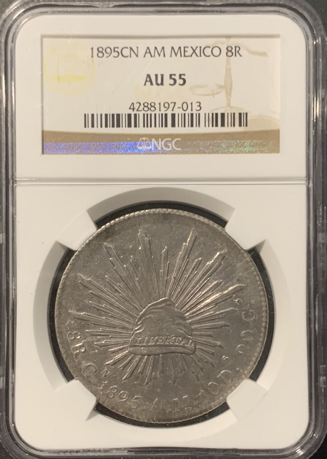 紫瑗钱币——微拍第111期 墨西哥 1895年 CNAM 8里亚尔 花边鹰洋 NGC AU55 老包浆