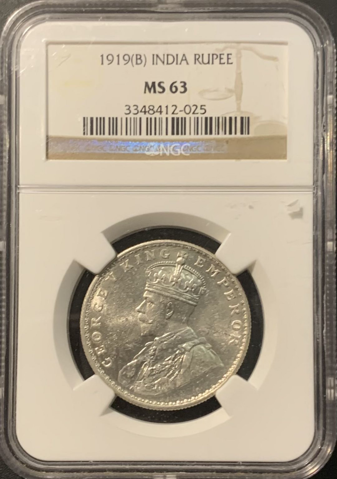 紫瑗钱币——微拍第111期 英属印度 1919年 乔治五世 1卢比 银币 NGC MS63