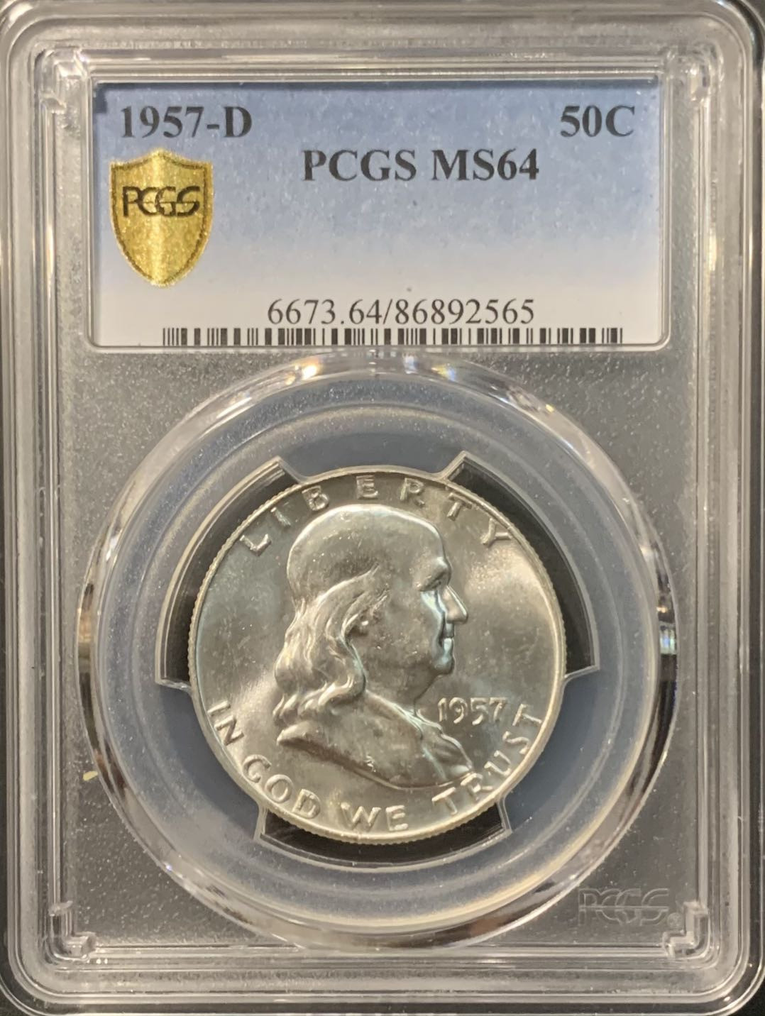 紫瑗钱币——微拍第111期 美国 1957年D 富兰克林 半美元 50美分 12.5克 0.9银 PCGS MS64