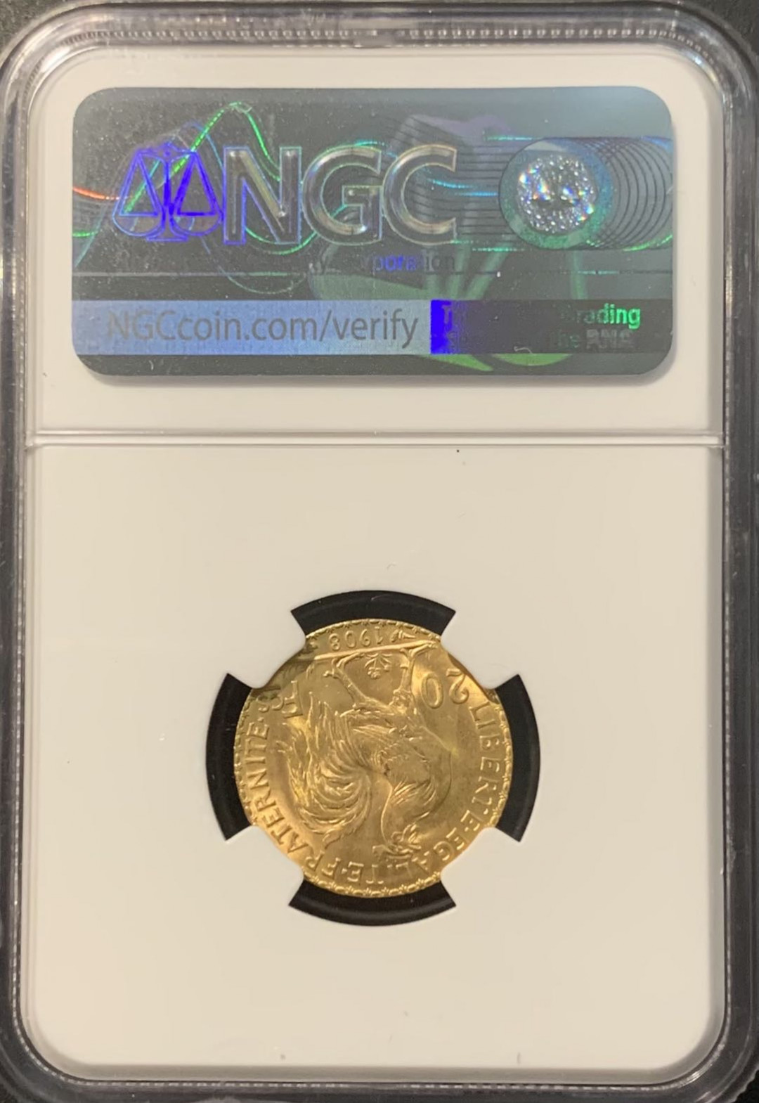 紫瑗钱币——微拍第111期 法国 1908年 玛丽安娜 20法郎 6.45克 0.9金 NGC MS64