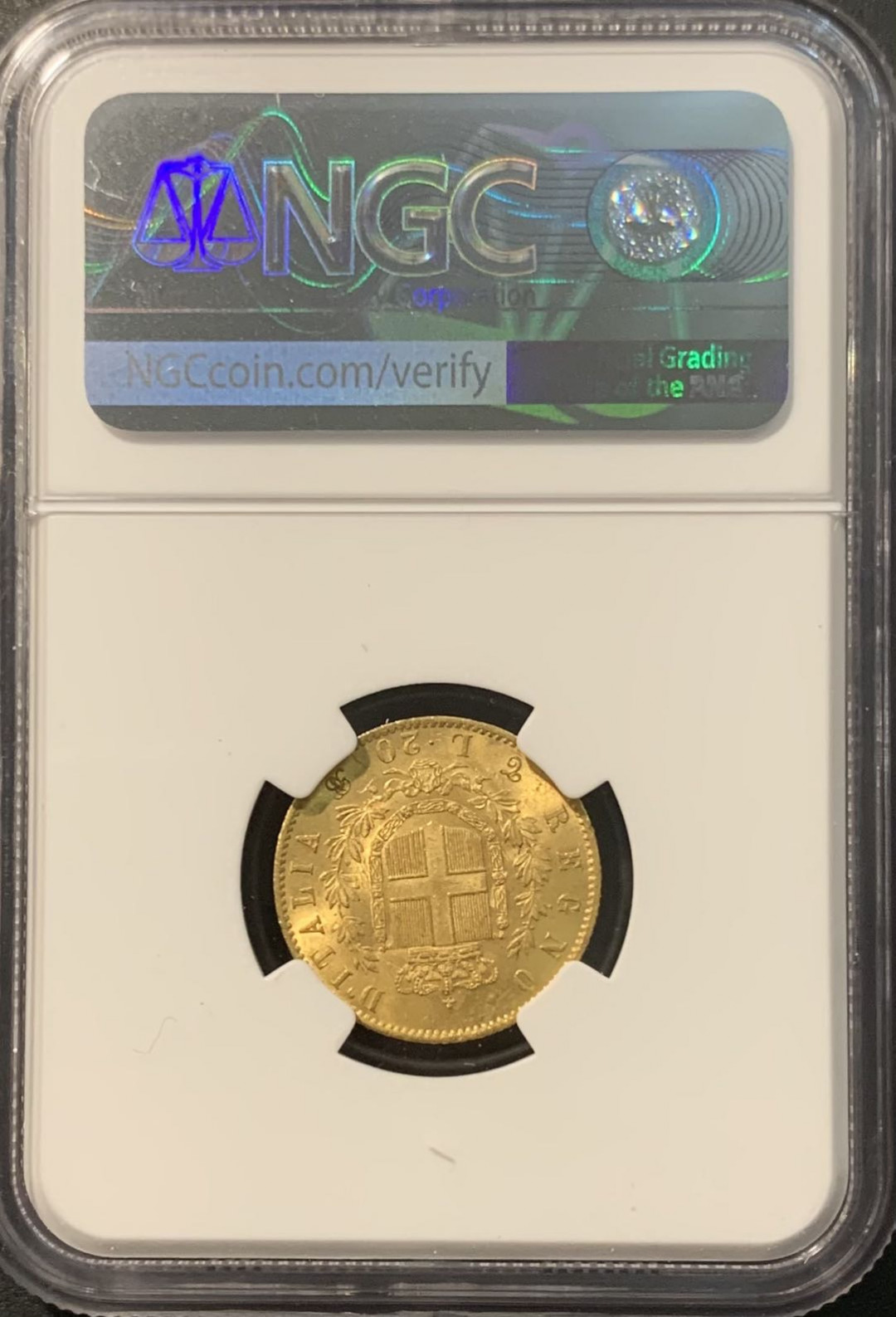 紫瑗钱币——微拍第111期 意大利 1863年 伊曼纽尔二世 20里拉 6.45克 0.9金 NGC MS64