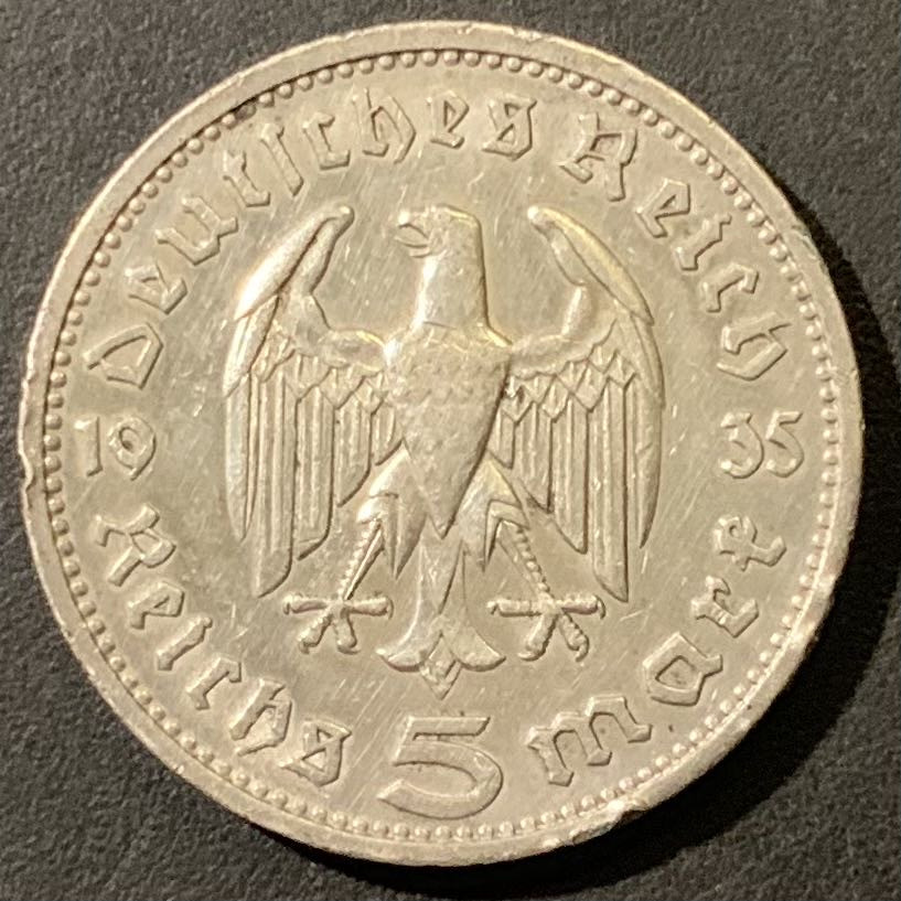 紫瑗钱币——微拍第111期 德国 1935年 A版 兴登堡 无字 5马克 13.9克 0.9银