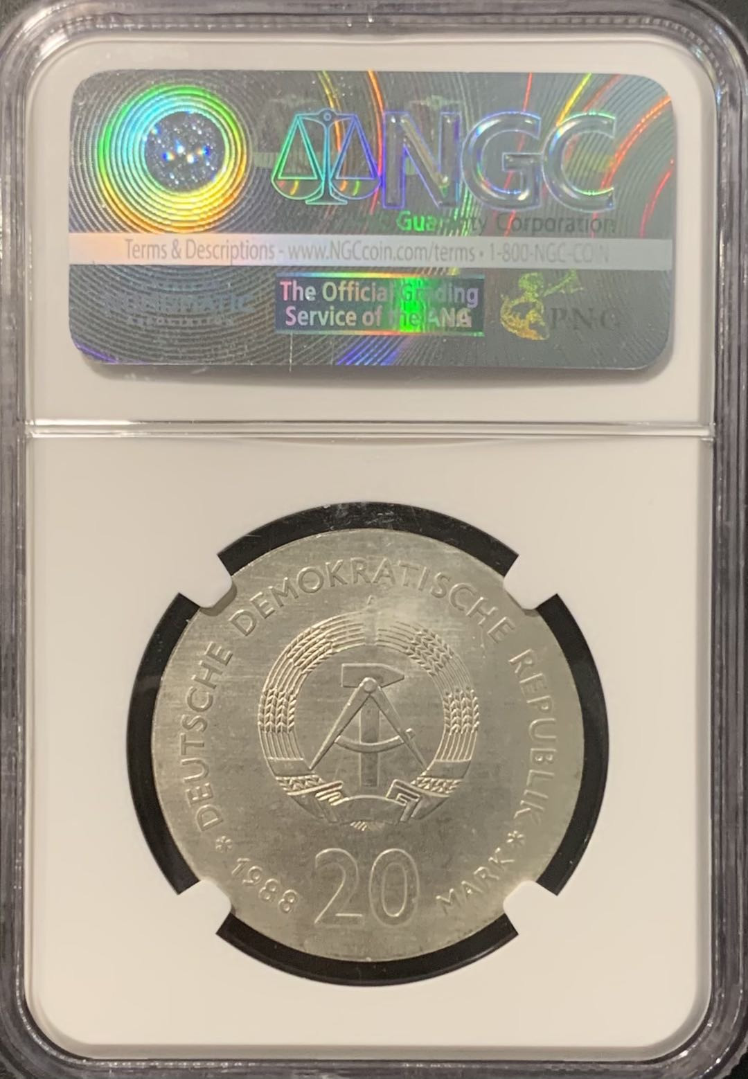 紫瑗钱币——微拍第111期 民主德国 1988年 卡尔蔡司 20马克 银币 NGC MS67