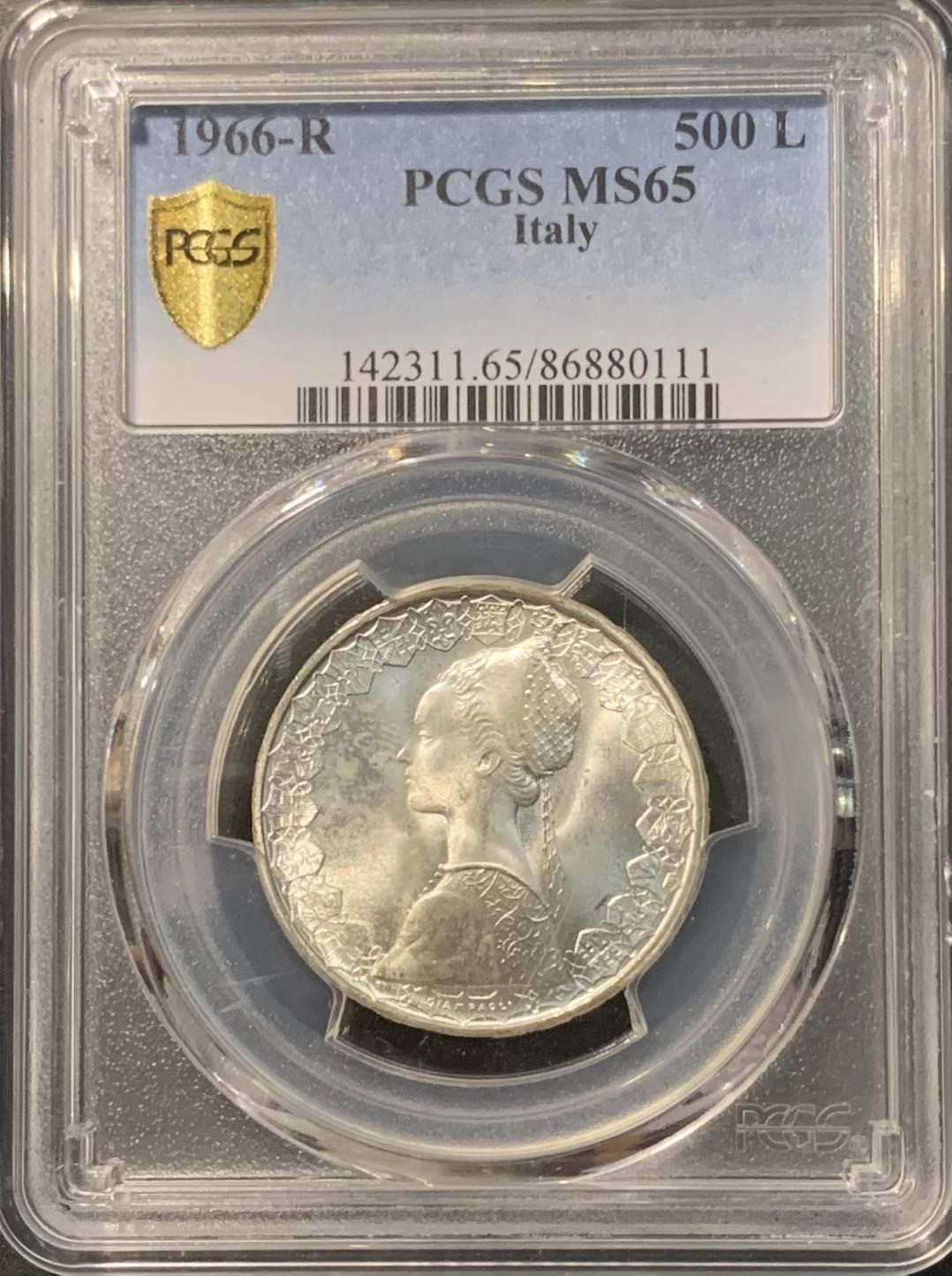 紫瑗钱币——微拍第111期 意大利 1966年 少女与帆船 500里拉 11克 0.835银 PCGS MS65