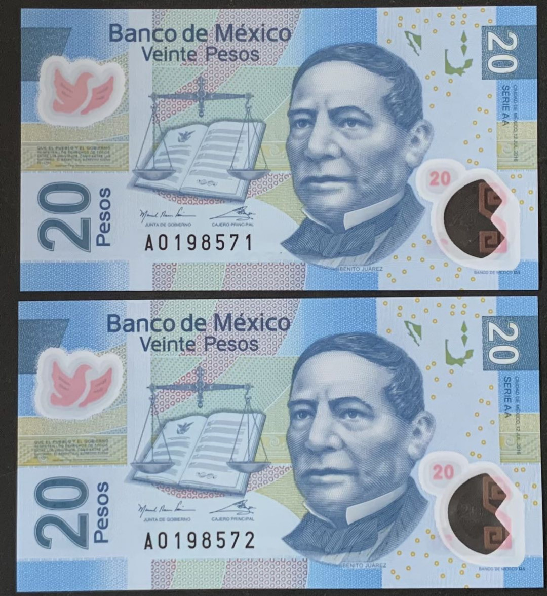紫瑗钱币——微拍第112期—纸币场 墨西哥 2016年  20比索 塑料币 2枚一组 AA系列A冠 首发 UNC