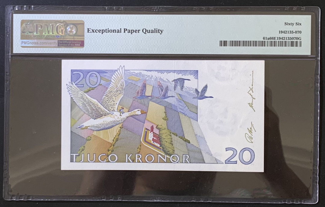 紫瑗钱币——微拍第112期—纸币场 瑞典 1991-92年 骑鹅旅行记 初版 20克朗 PMG 66 EPQ （P-61a)