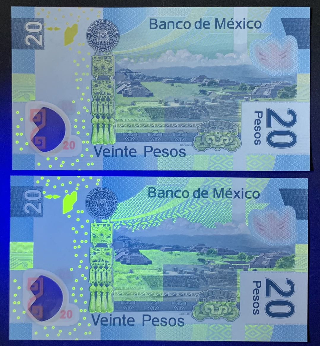 紫瑗钱币——微拍第112期—纸币场 墨西哥 2016年  20比索 塑料币 2枚一组 AA系列A冠 首发 UNC