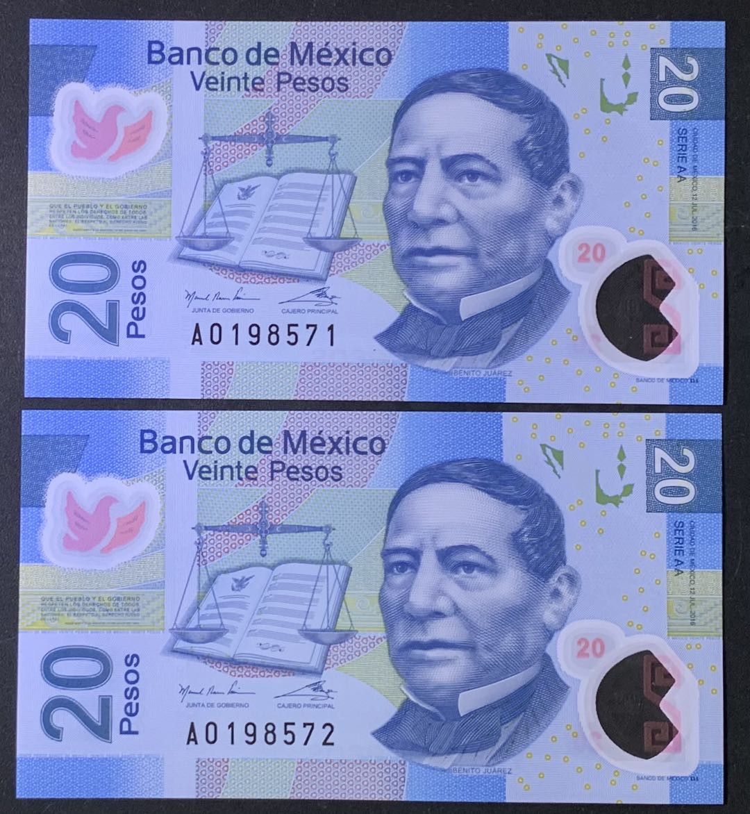 紫瑗钱币——微拍第112期—纸币场 墨西哥 2016年  20比索 塑料币 2枚一组 AA系列A冠 首发 UNC