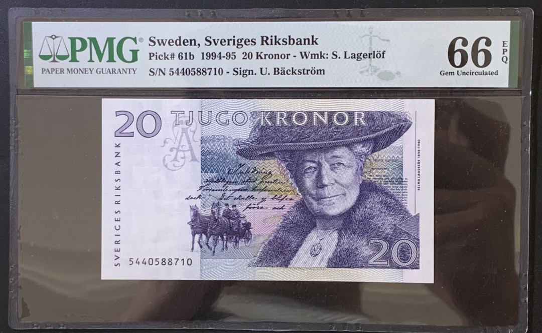 紫瑗钱币——微拍第112期—纸币场 瑞典 1994-1995年 骑鹅旅行记 20克朗  PMG 66 EPQ （P-61b）