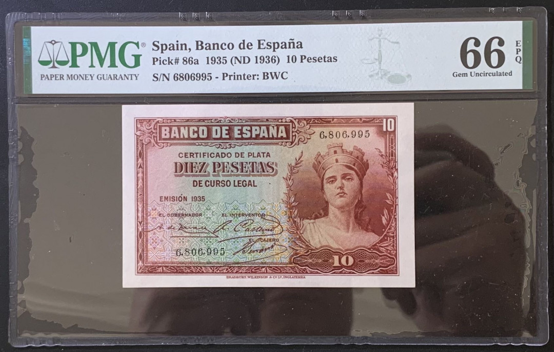 紫瑗钱币——微拍第112期—纸币场 西班牙 1935年  妇女 10比塞塔 PMG 66 EPQ (P-86a)