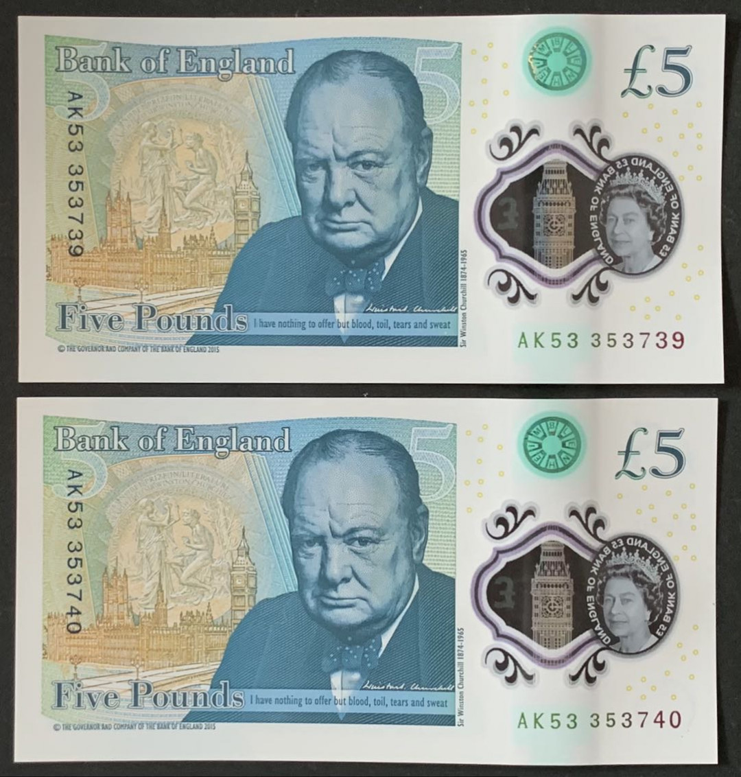 紫瑗钱币——微拍第112期—纸币场 英国 2015年 丘吉尔 5英镑 塑料钞 UNC 2枚一组 