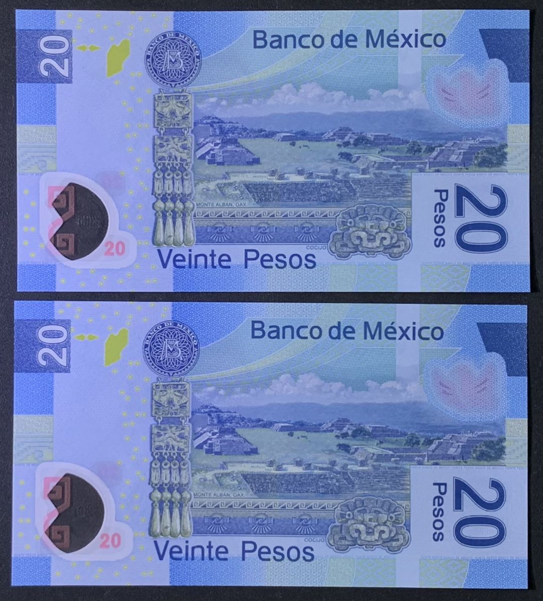 紫瑗钱币——微拍第112期—纸币场 墨西哥 2016年  20比索 塑料币 2枚一组 AA系列A冠 首发 UNC