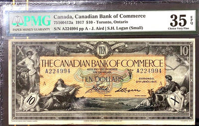 【Blue Auction】世界纸币精拍第28期——神的传说(共42拍） - 	【早期大票幅版本】加拿大 1917年10元 PMG35EPQ 原票稀少 雕刻非常精美 非1935后期小票版 票幅非常大 