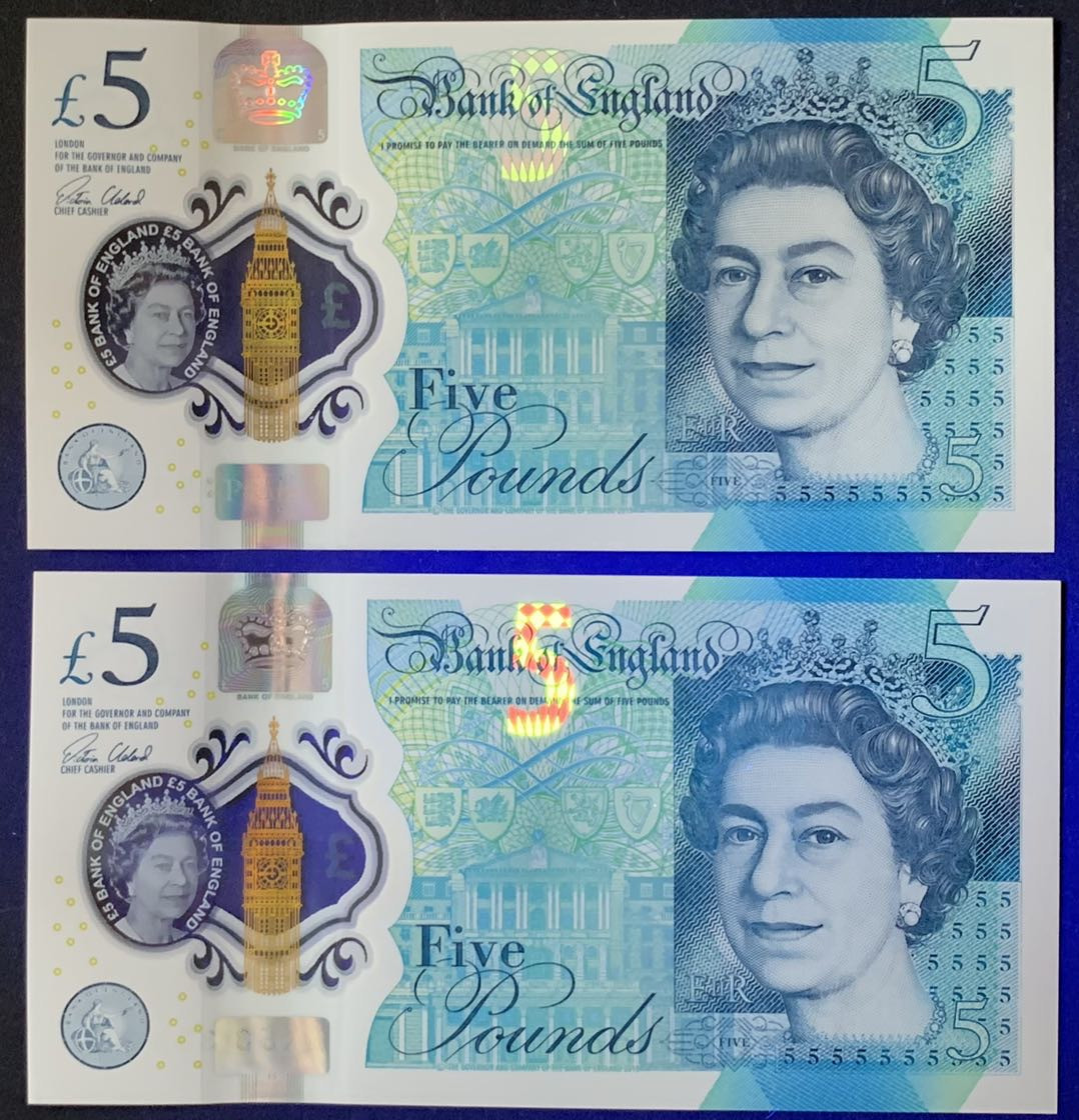 紫瑗钱币——微拍第112期—纸币场 英国 2015年 丘吉尔 5英镑 塑料钞 UNC 2枚一组 