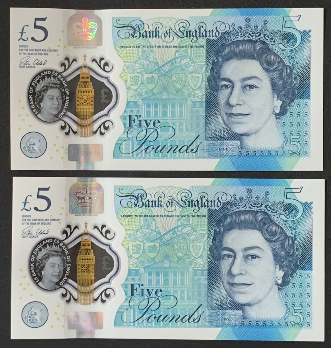 紫瑗钱币——微拍第112期—纸币场 英国 2015年 丘吉尔 5英镑 塑料钞 UNC 2枚一组 