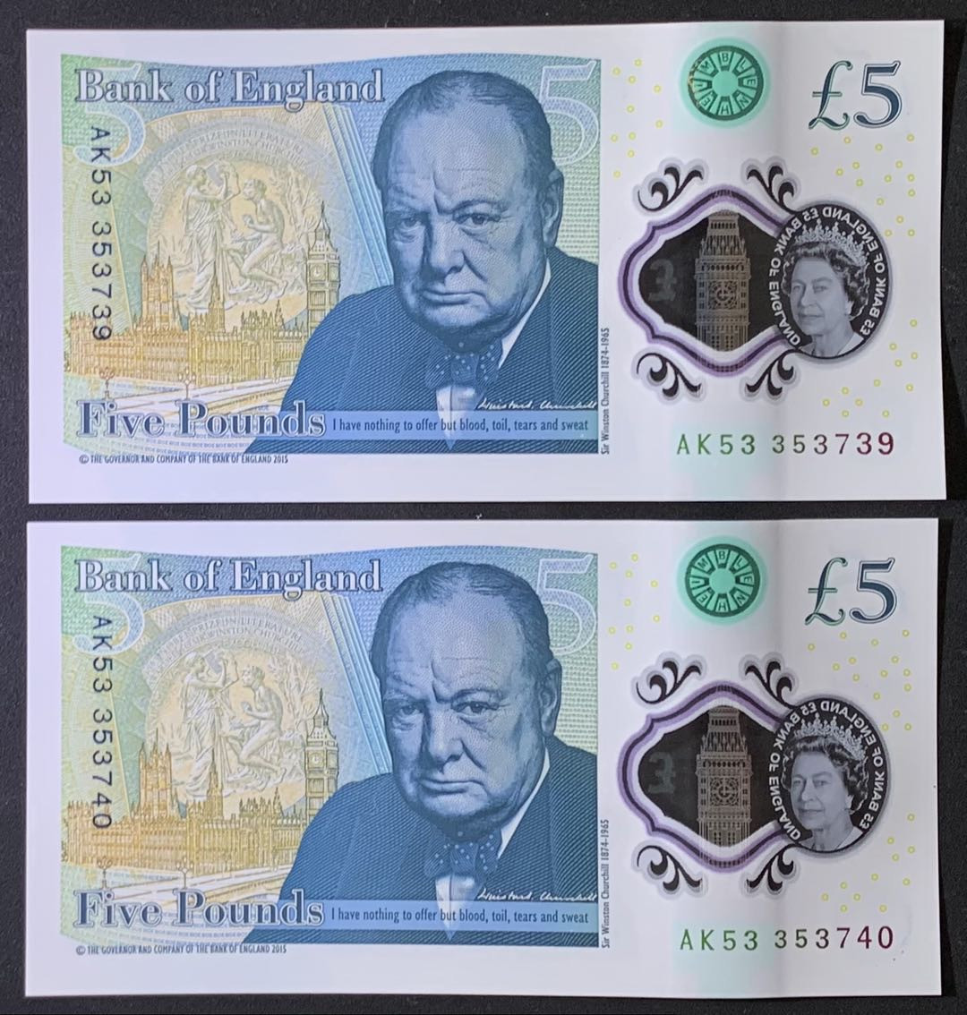 紫瑗钱币——微拍第112期—纸币场 英国 2015年 丘吉尔 5英镑 塑料钞 UNC 2枚一组 